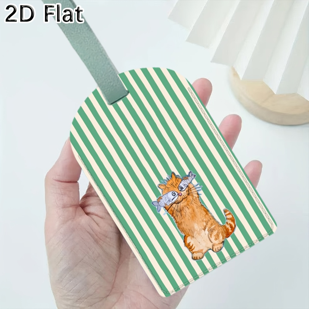 Luggage Tag Leather - ป้ายติดกระเป๋าเดินทางลายแมวน่ารักและลายทางสีเขียว พร้อมสายรัดสำหรับกระเป๋าเดินทาง
