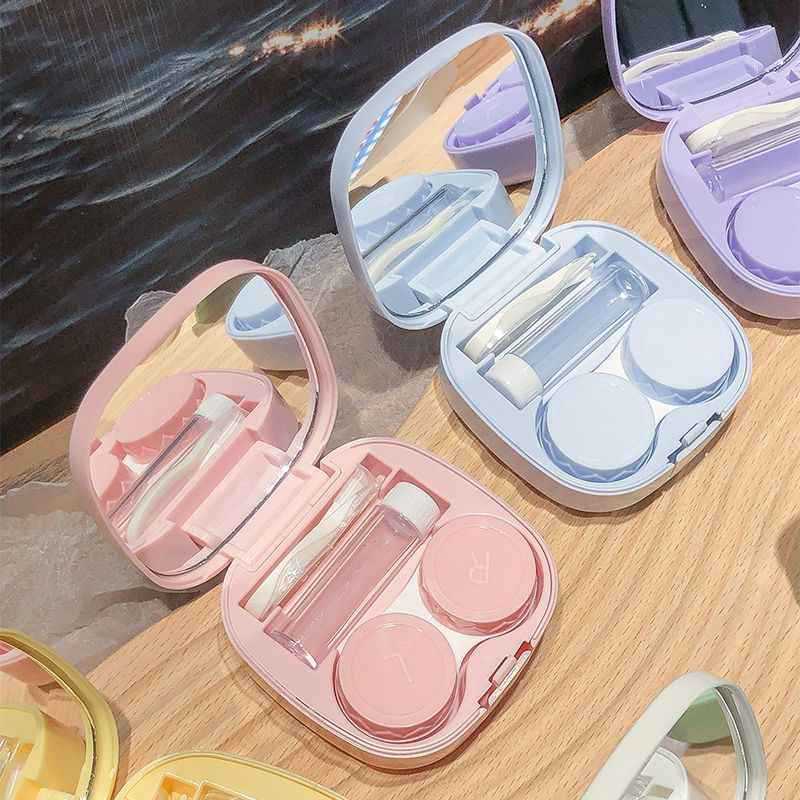 Travel Video Accessories - กล่องใส่คอนแทคเลนส์ทรงสี่เหลี่ยมขนาดเล็กพร้อมกระจกสำหรับผู้หญิง กล่องใส่เลนส์หลากสี น่ารัก เหมาะสำหรับพกพาเดินทาง