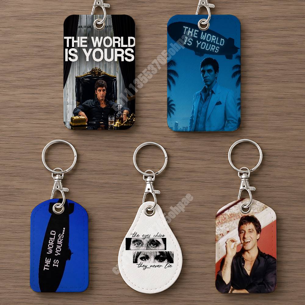 Luggage Tag Leather - โลกนี้เป็นของคุณ T-Tony M-Montana พวงกุญแจหนังพร้อมช่องใส่บัตรสำหรับ Airtag และแท็กติดกระเป๋าเดินทาง