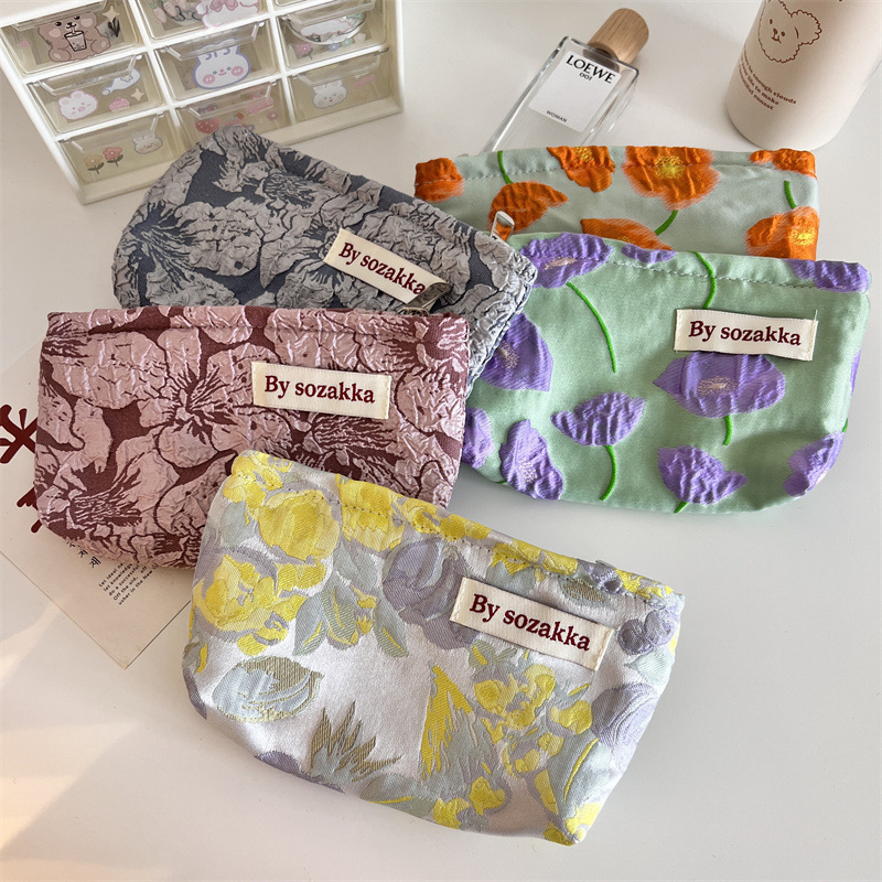 Travel Accessories Kit For Women - ภาษาฝรั่งเศสคำนูนดอกไม้ Travel กระเป๋าใส่เครื่องสำอางค์กระเป๋าสตางค์น่ารักผู้หญิงแต่งหน้าชุดกระเป๋าถือดินสอกระเป๋าถุง